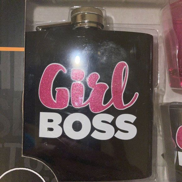 Girl Boss Flask & Shot Glass Gift SET 3 PC Black/Pink 2 Shot Glasses Novelty NIB - Picture 2 of 8
